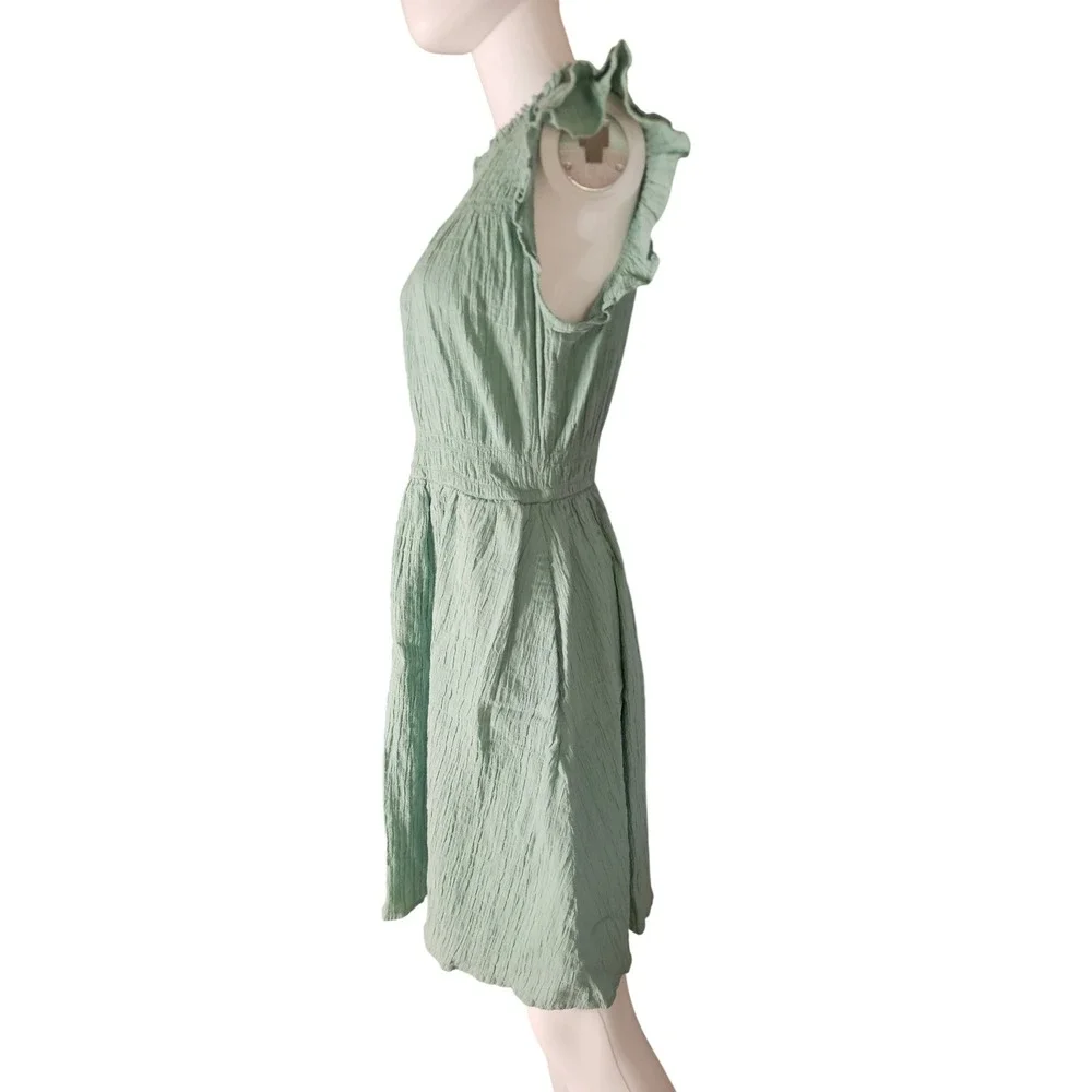 J. Crew Sage Green Ruffle Mini Dress SZ M Crinkle Fabric Keyhole Back